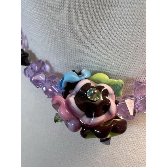 Handcrafted Artisan Purple Glass Beaded Necklace With Hand‎ blown Glass Flowers - Picture 7 of 8